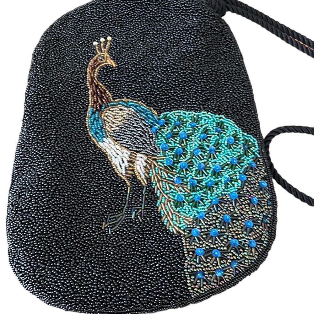 Vintage beaded bag 80’s peacock satin rope handle